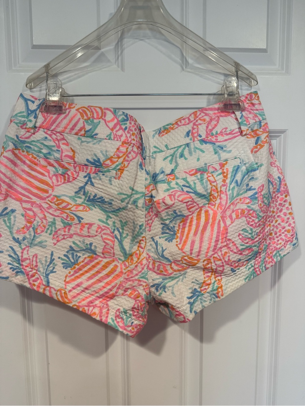 Lilly Pulitzer Coral & Aqua Seersucker Crab Print Shorts - Picture 2 of 4